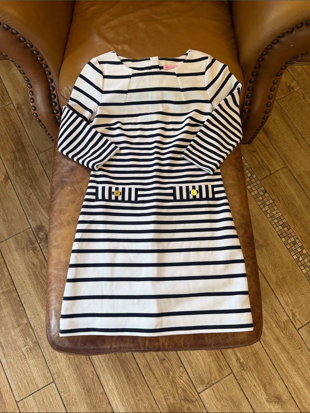 Lilly Pulitzer Charlene 3/4 Sleeve Knit Shift Dress Sz XS Navy Blue White Stripe - Picture 2 of 8